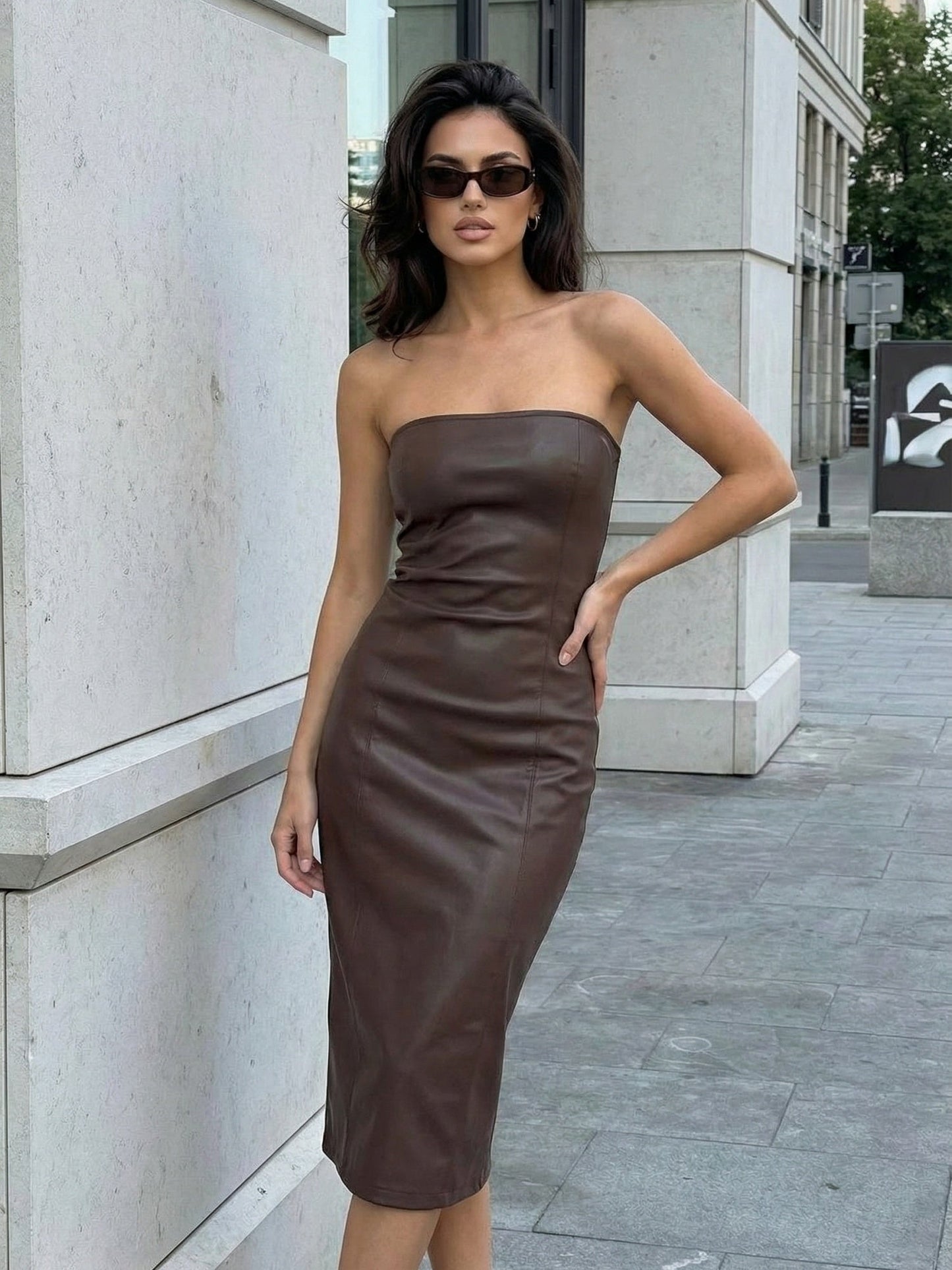 PU Leather Strapless, Slit, Bodycon Midi Dresses