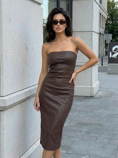 PU Leather Strapless, Slit, Bodycon Midi Dresses