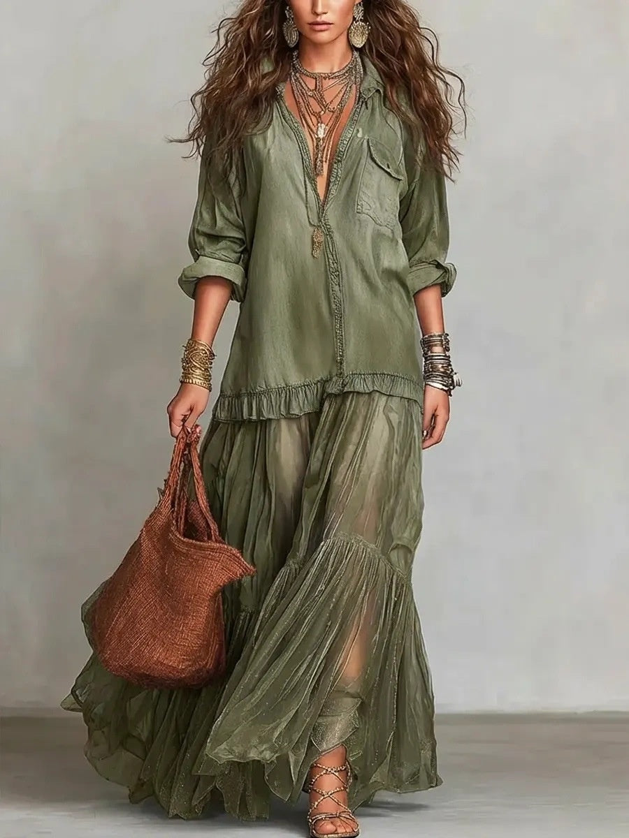 Retro-style Lapel Faux Denim Casual Long Dress With Pockets