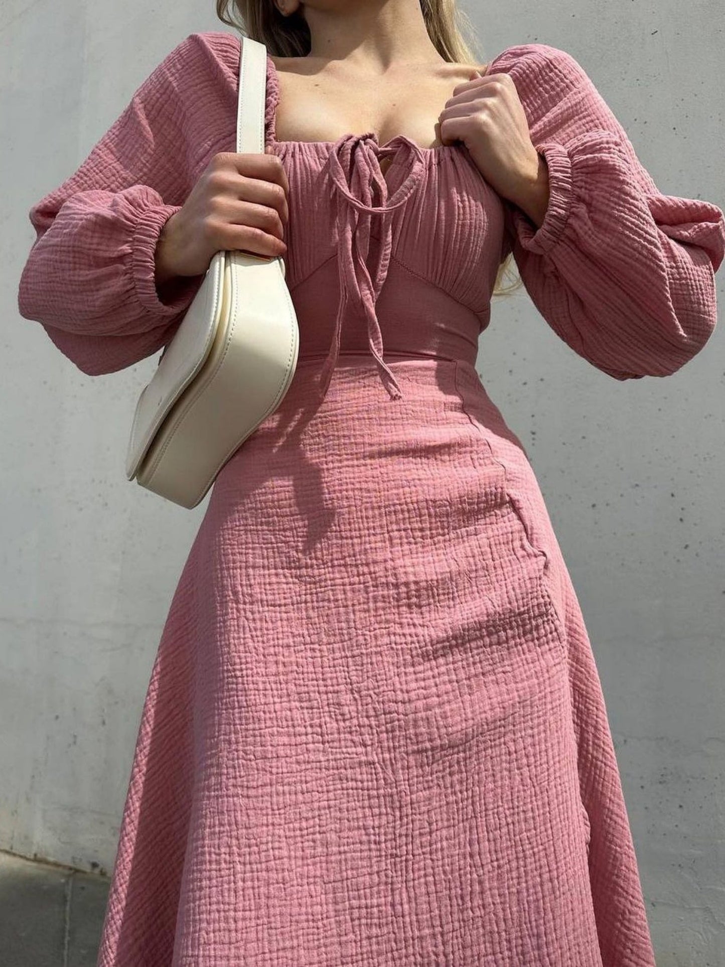Drawstring Square Collar Puff Sleeve Slit Maxi Dresses