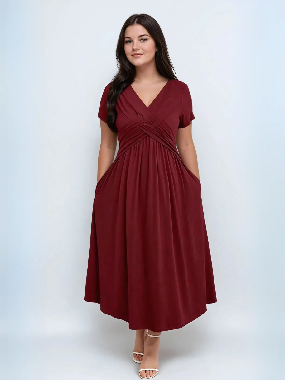 Plus Size V Neck Sundress With Pockets Cinched Waist