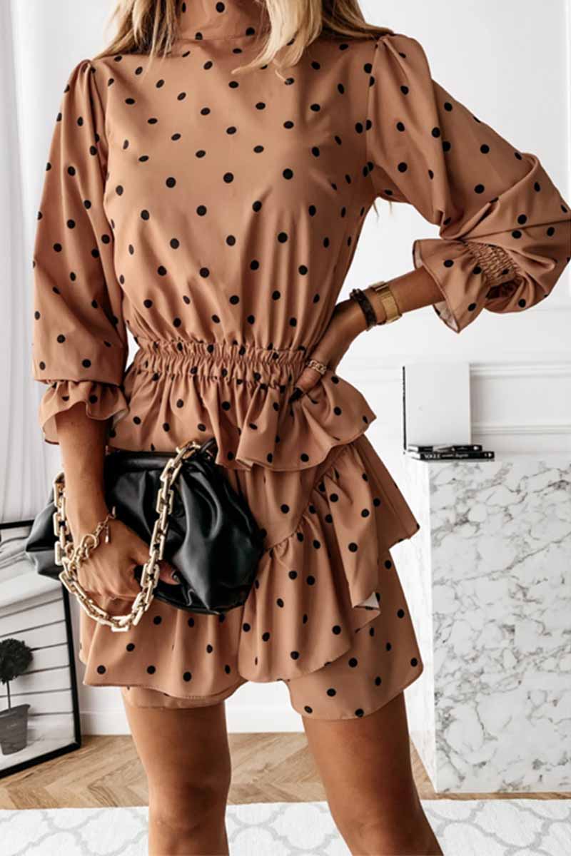 Polka Dot Print Mock Neck Long Sleeve Smocked Waist Tiered Ruffle Mini Dress