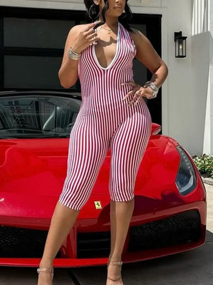 Striped Color Blocking Deep V-neck Backless Strappy Jumpsuits