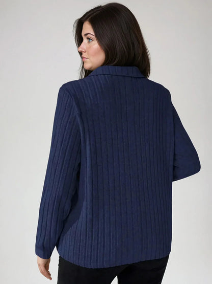 Plus Size Ribbed Turndown Collar Long Sleeve Tee Casual