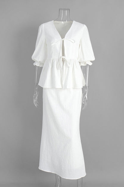 Puff Sleeve Tie-up Ruffle Cotton Shirt Skirt Set