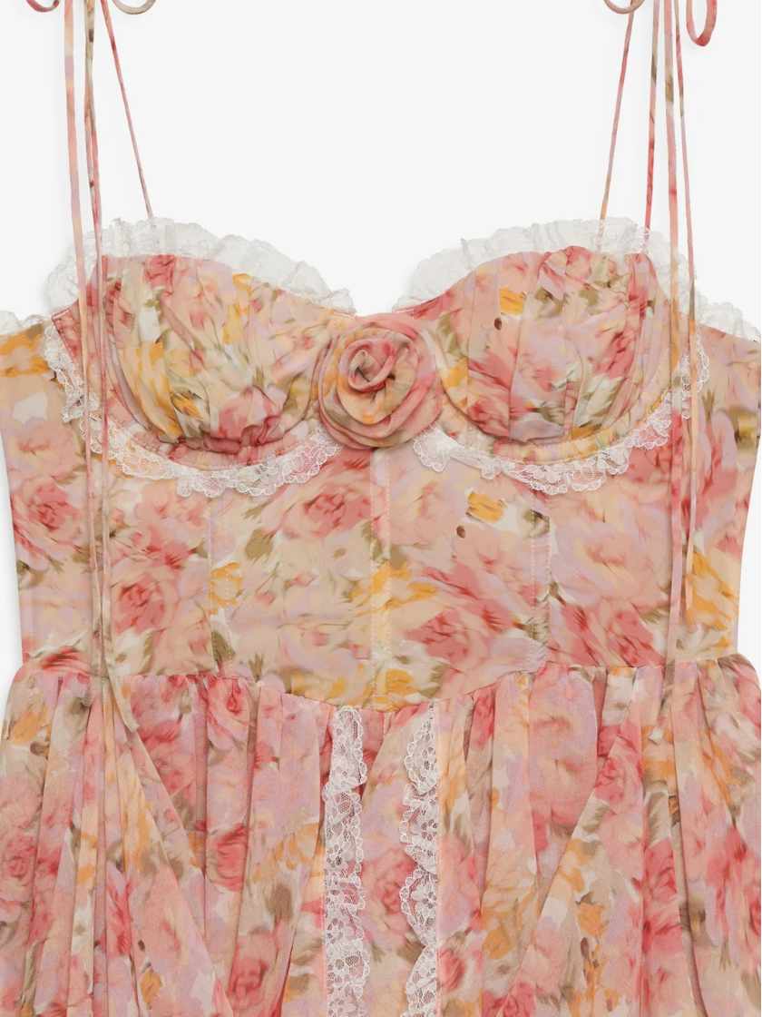 Spaghetti Strap Corset Rosette Lace Trim Handkerchief Hem Floral Mini Dress
