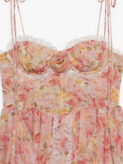 Spaghetti Strap Corset Rosette Lace Trim Handkerchief Hem Floral Mini Dress