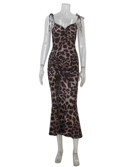 Leopard Print High-waisted Halter Top Split Hip Wrap Maxi Dresses