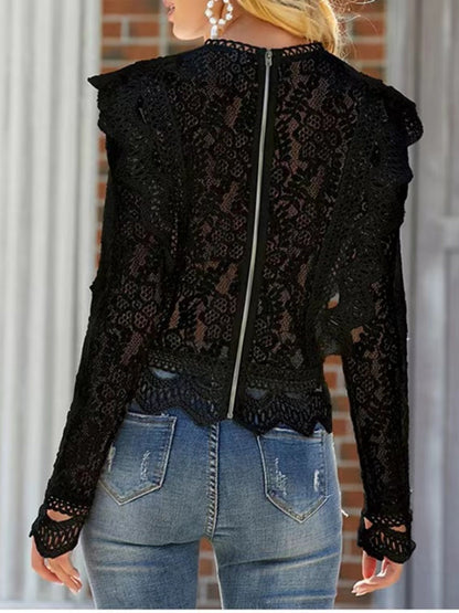 Lace Cutout Patchwork Lace Long-sleeved T-shirt