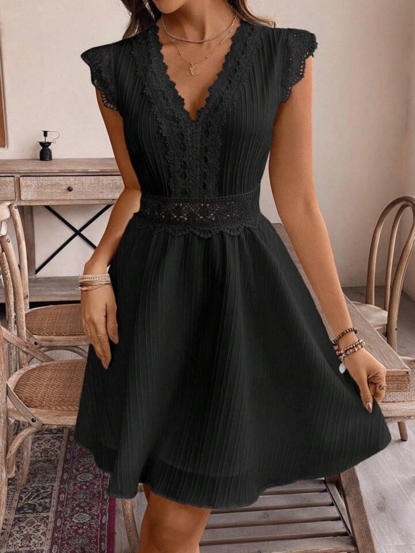 Lace Trim Openwork Jacquard V-neck, Fitted Waist Flying Sleeves Mini&Short Dresses