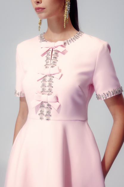 Rhinestone Trim Round Neck Bow Embellished Crystal Cuff A-Line Midi Dress