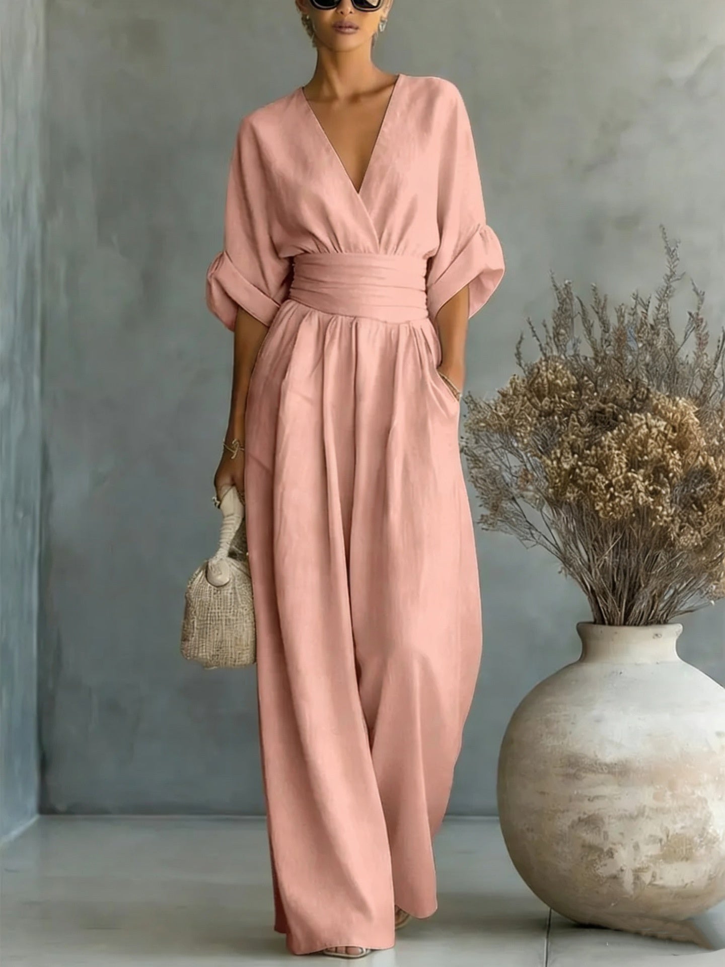 Waist-cinching V-neck Elegant Women's Jumpsuit