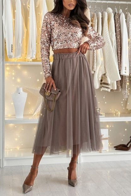 Margovil Solid Elastic Waist Mesh A-line Midi Skirt