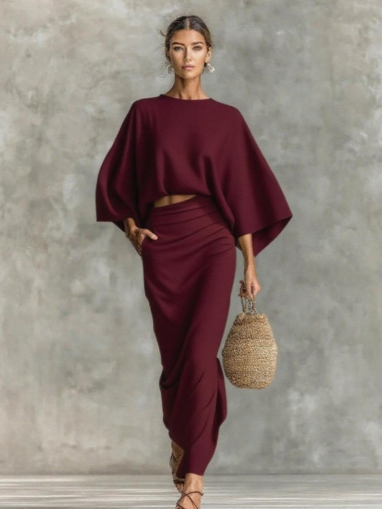 High-waisted Midi Skirt And Round Neck Three-quarter Sleeve Top Two-piece Set
