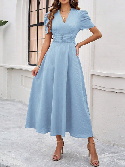 Pleated Waist Short Sleeve Maxi Dresses