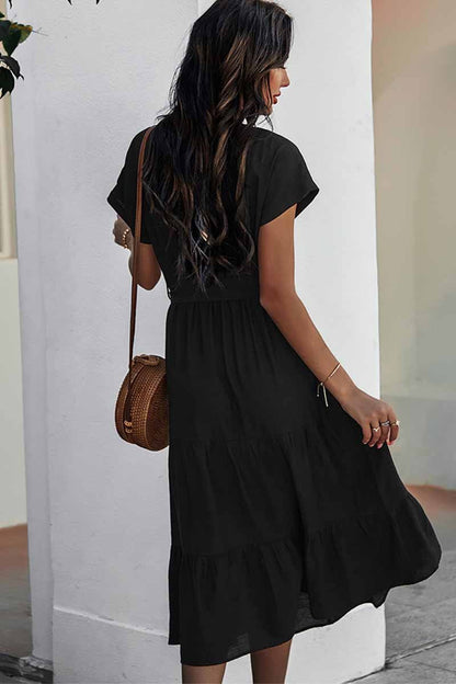 Button-Front Tie-Waist Tiered Short Sleeve Midi Shirt Dress