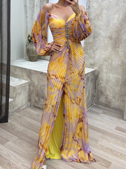 Crimp Long Sleeve Floral Printed Reunion Maxi Dresses