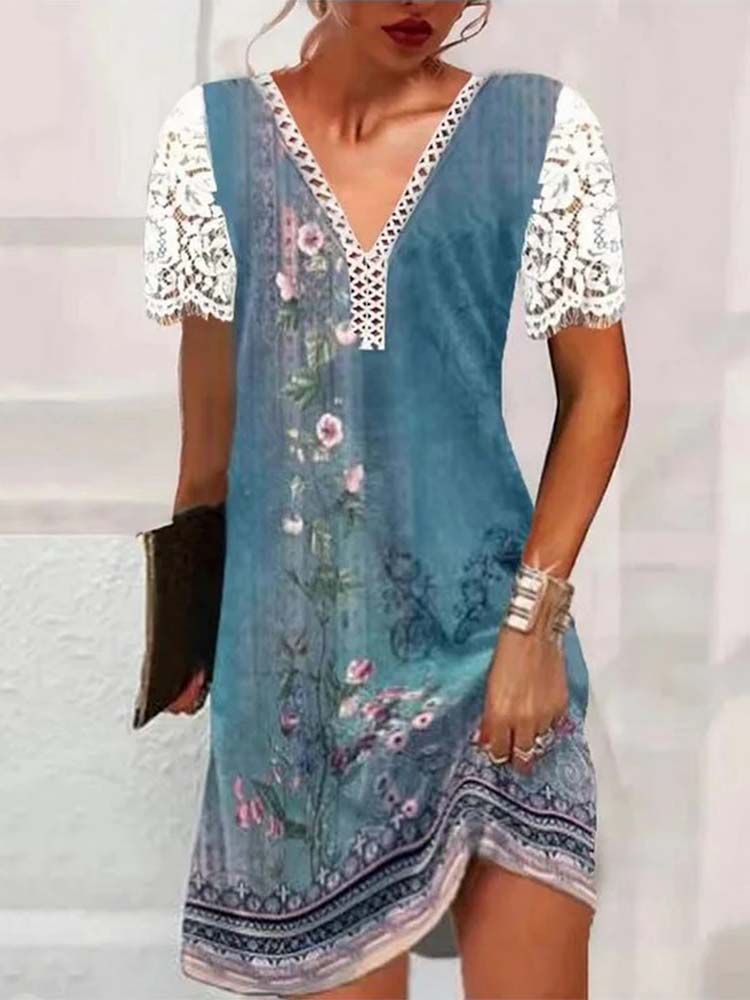 Floral Lace Sleeve Deep V-Neck Patchwork Border Shift Mini Dress