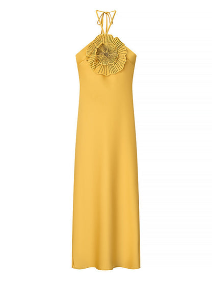 Rhinestone 3D Flower Halter Neck And Backless Satin Maxi Dresses