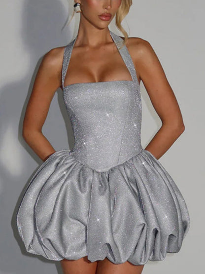 Glitter Neck Strap Slim-fit Mini&Short Dresses