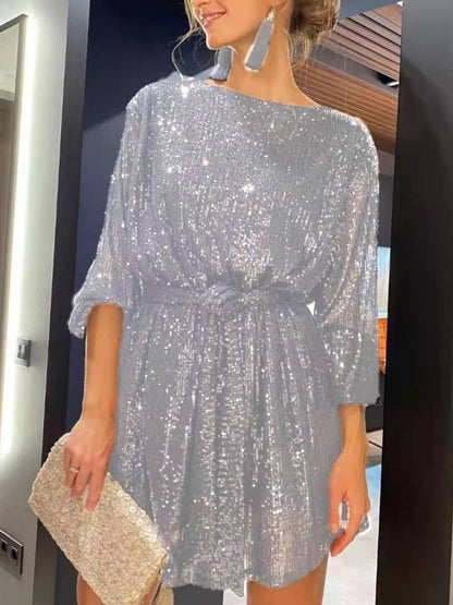 Sequins Waist Shaping Short Sleeves Mini&Short Dresses