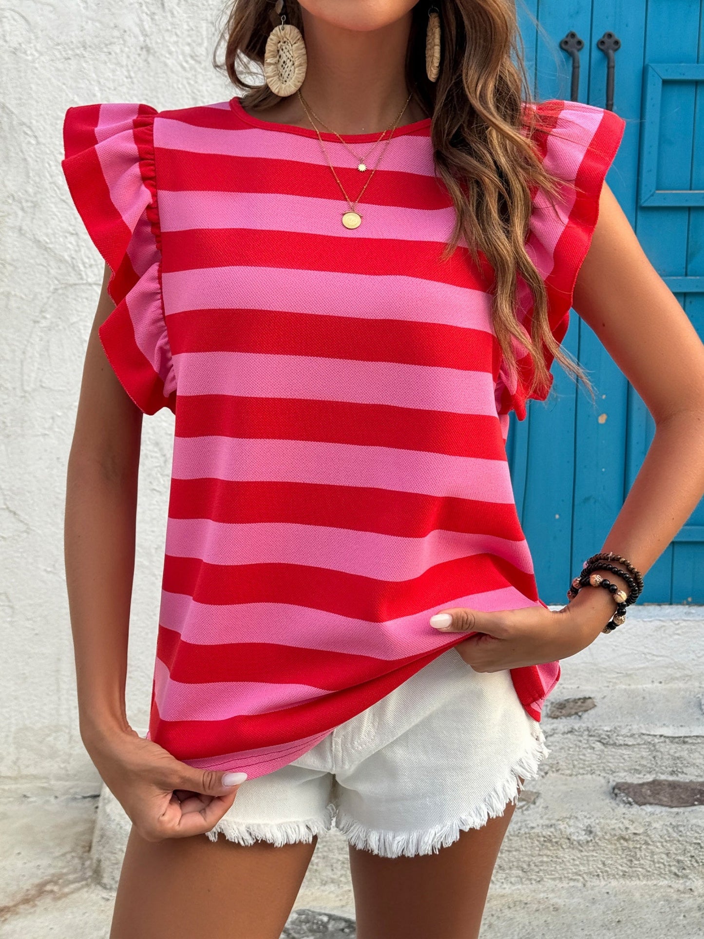 Stripes Color Matching Crew Neck T-shirts