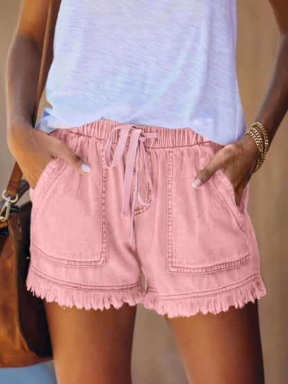 Elastic Waistband Tassel Pocket Straps Washed Jeans