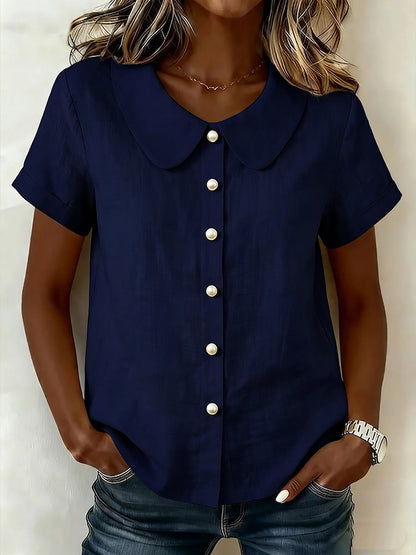 Cotton And Linen Short-sleeved Peter Pan Collar T-shirt