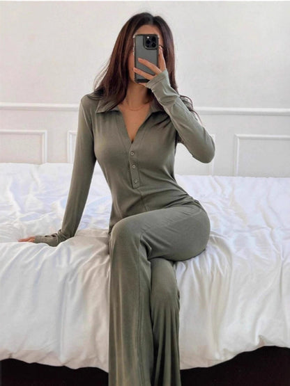 Polo Collar Knitting Long Sleeve Buttock Lift Jumpsuits