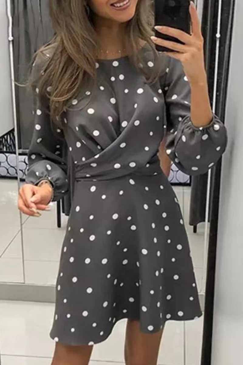 Polka Dot Round Neck Puff Sleeve Wrap Front Ruched Skater Mini Dress