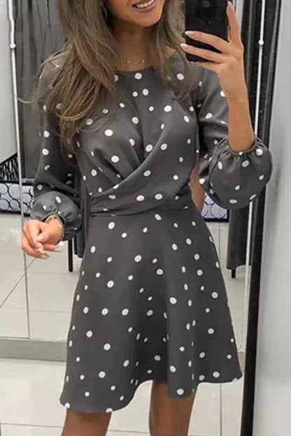 Polka Dot Round Neck Puff Sleeve Wrap Front Ruched Skater Mini Dress