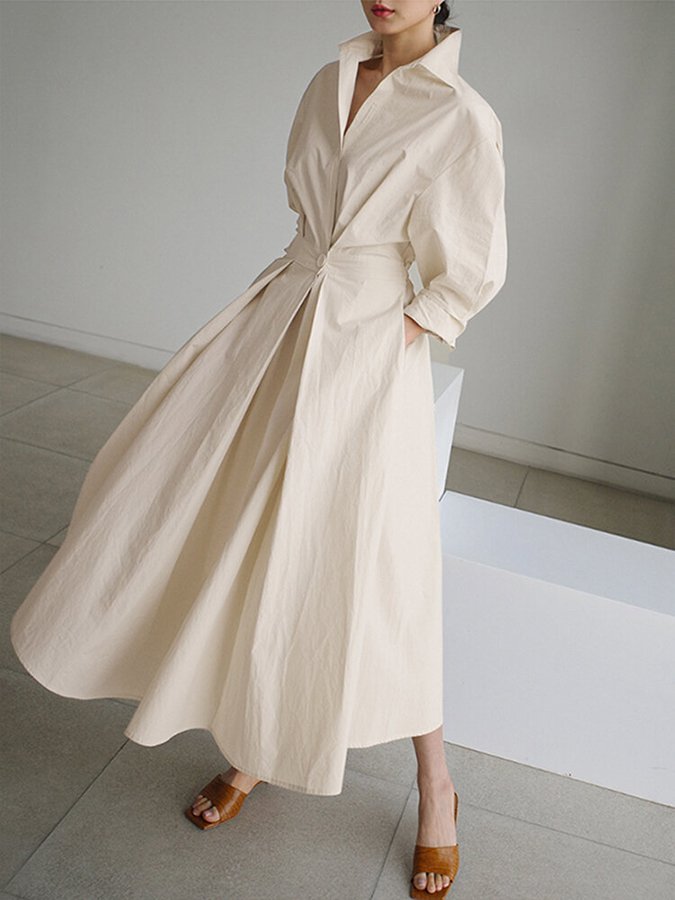 Long Sleeve Wrap Front Deep V-Neck Pleated Maxi Shirt Dress