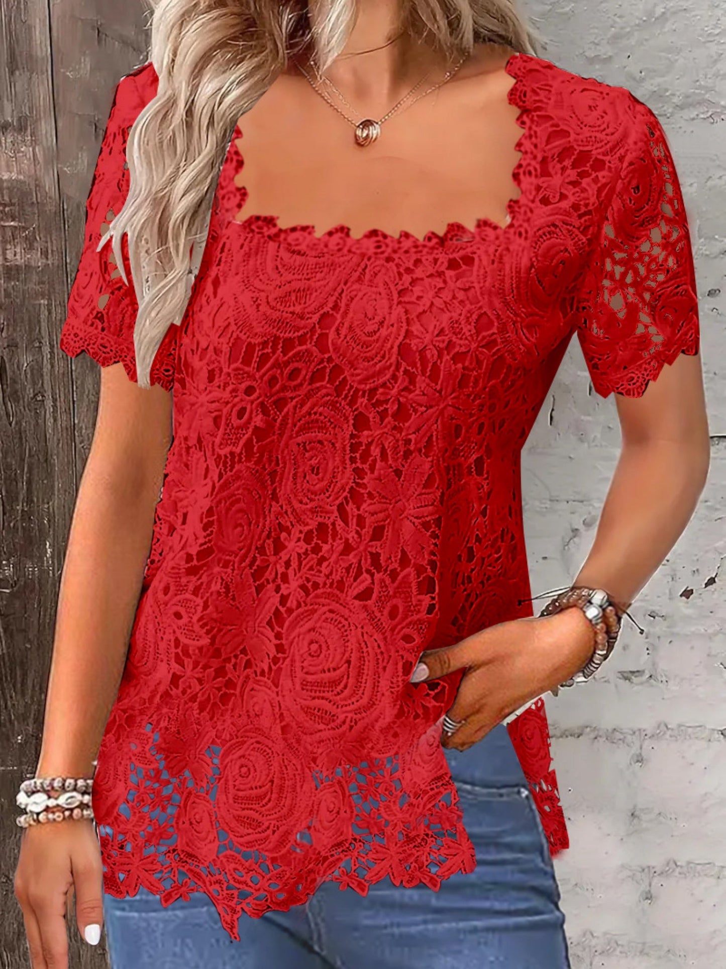 Lace Trim Square Collar Short-sleeved T-shirt