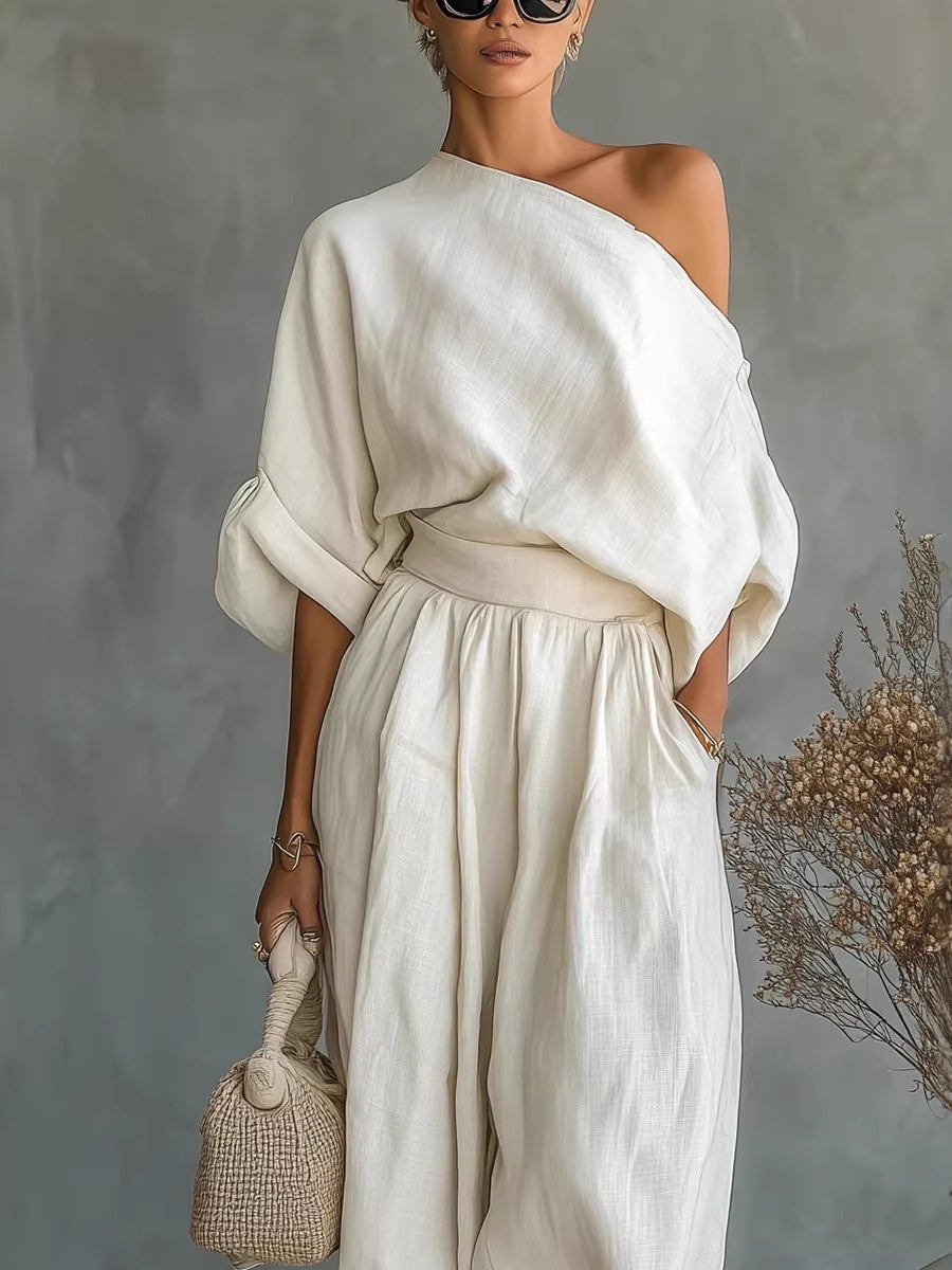 Off-shoulder T-shirt With Pockets, Versatile Casual Loose-fitting Trousers Two-piece Set