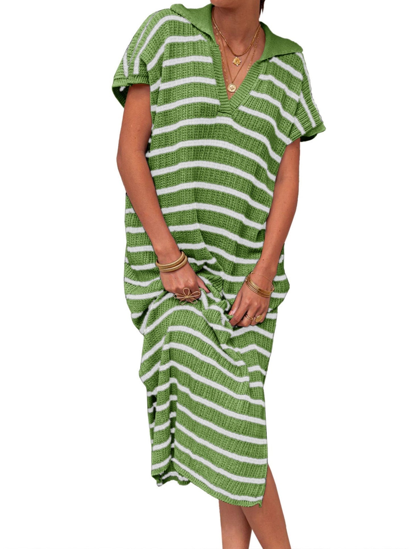 Stripes V-neck Short Sleeve Low-split Lapel Maxi Dresses