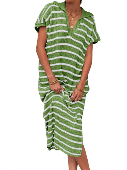 Stripes V-neck Short Sleeve Low-split Lapel Maxi Dresses