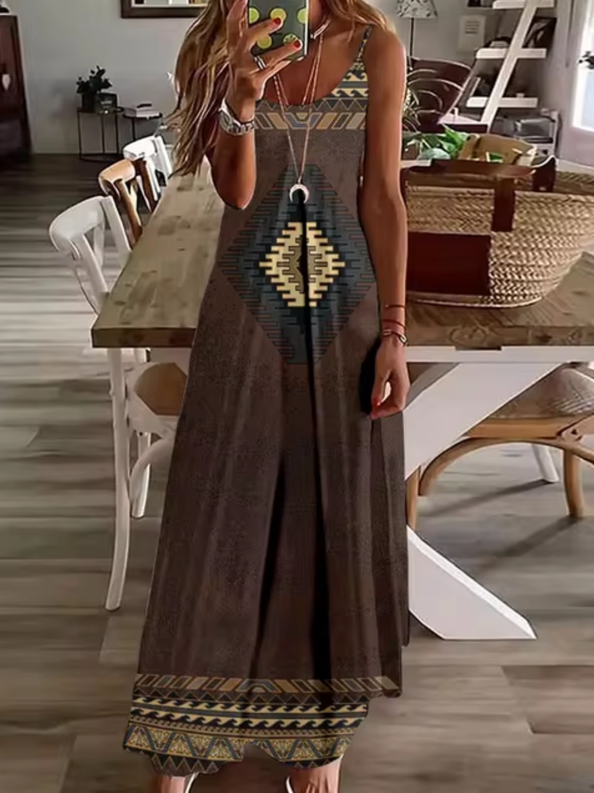 Deep V-Neck Turtle Dreamcatcher Feather Print Spaghetti Strap Maxi Dress