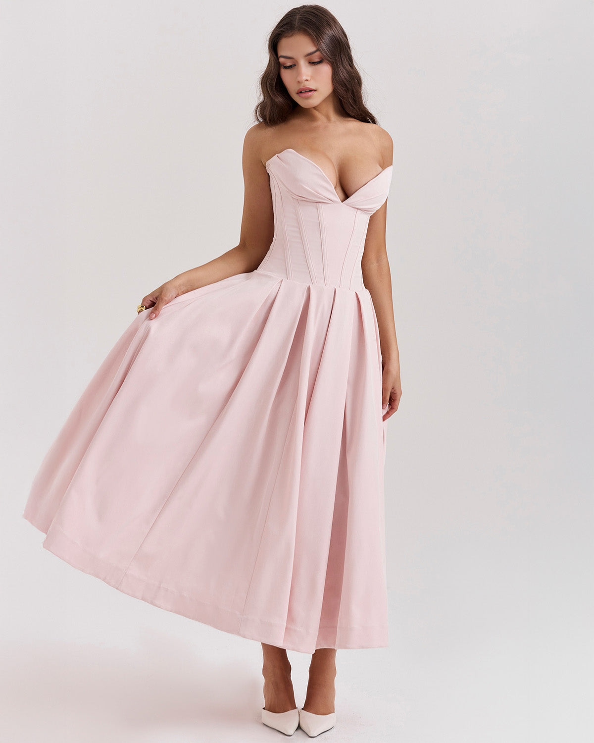 Strapless Pointed Sweetheart Corset Bodice Box Pleat A-Line Midi Dress