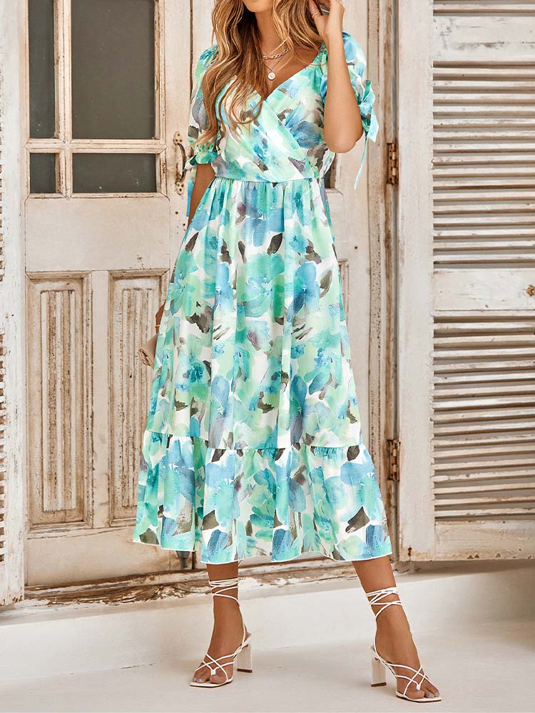 Floral Print Surplice V-Neck Tie Cuff Puff Sleeve Tiered Ruffle Midi Dress