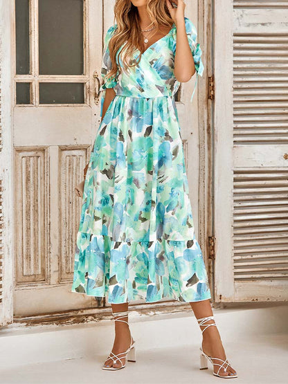 Floral Print Surplice V-Neck Tie Cuff Puff Sleeve Tiered Ruffle Midi Dress