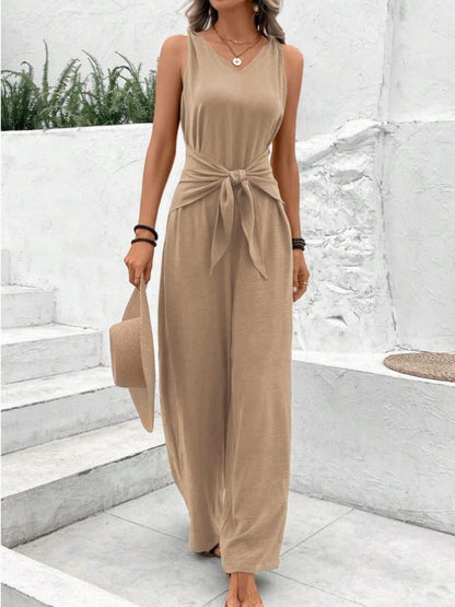 V-neck Wide-leg Sleeveless Twisted Vest Jumpsuit