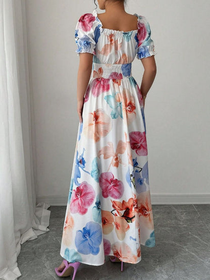 Color One-shoulder Collar Flowers Maxi Dresses