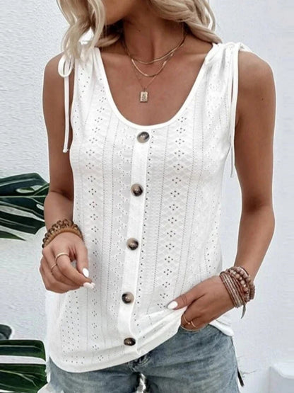 Jacquard Hollow Out Straps Buttons U-neck Vest