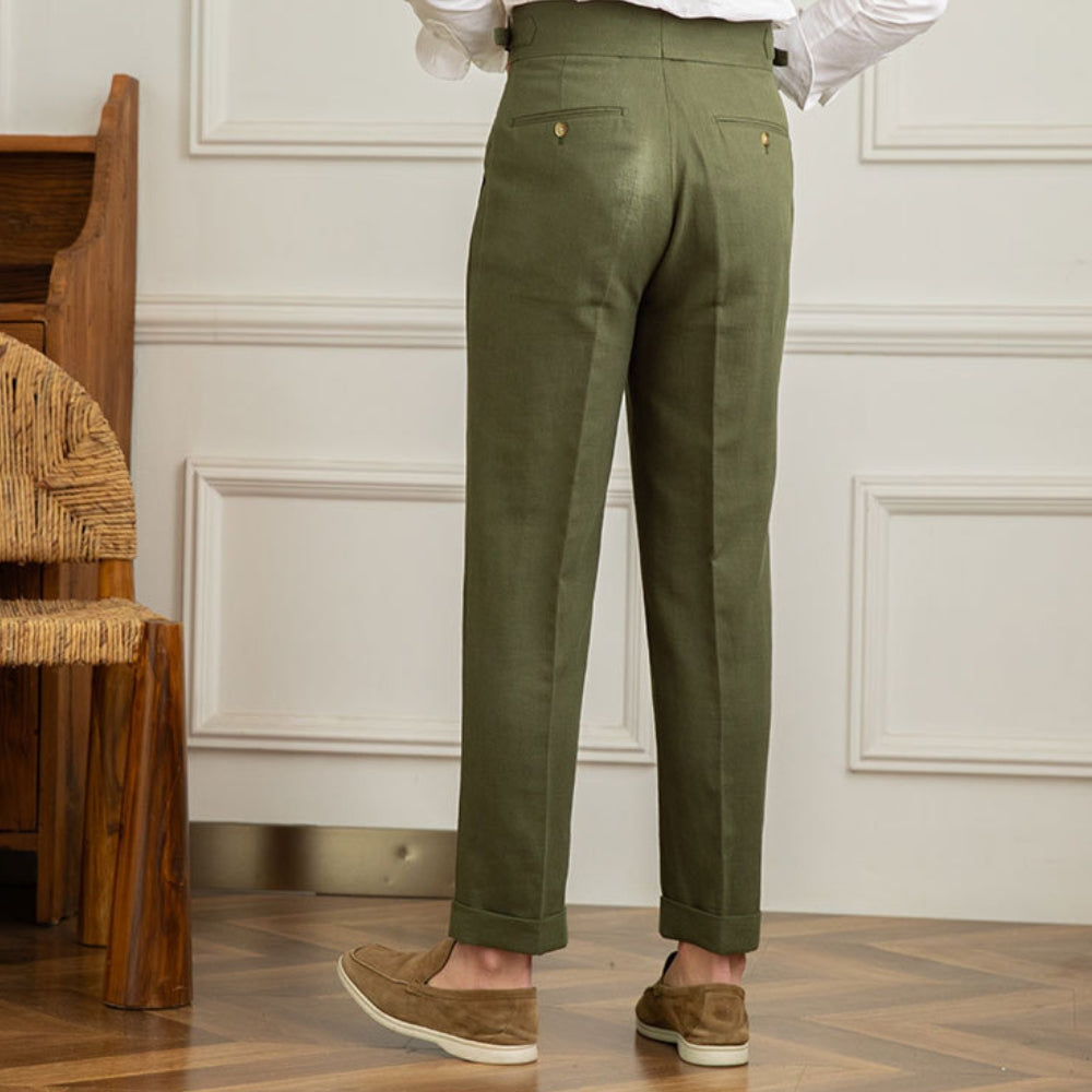 High Waist Pleated Trousers | Cotton Linen Blend | Straight Fit