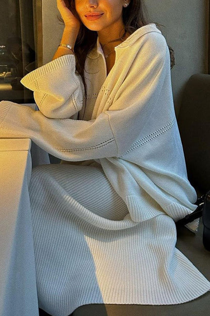 Lapel V Neck Sweater Skirt Set
