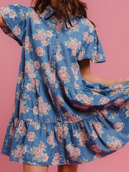 Denim Floral Print Collared Short-sleeved Shirt Buttons Shirt Dress