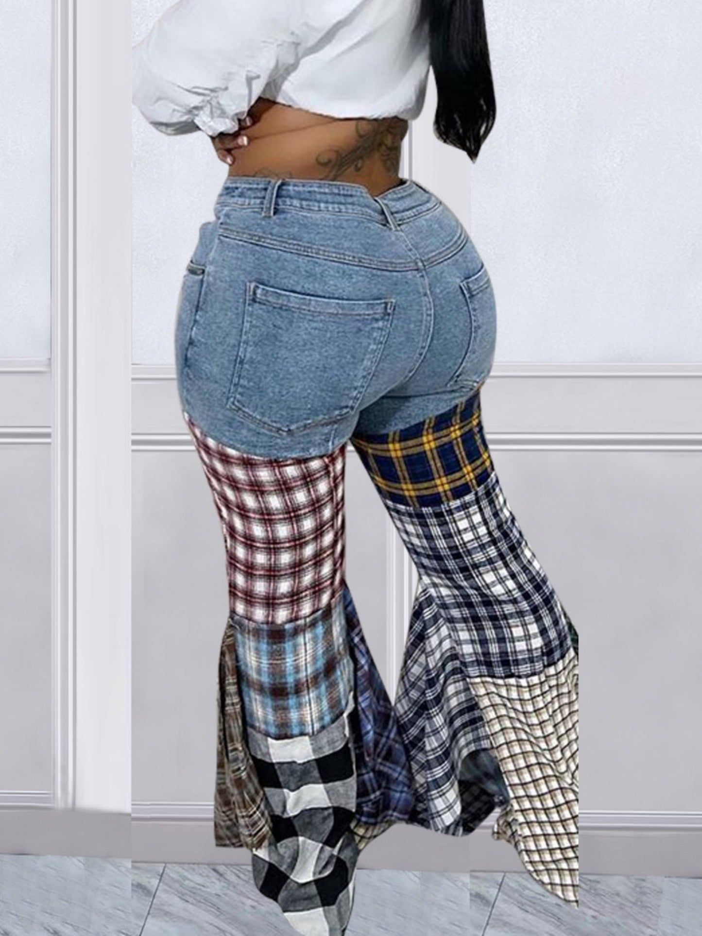 Houndstooth Pattern Flared Pants Ruffle Jeans