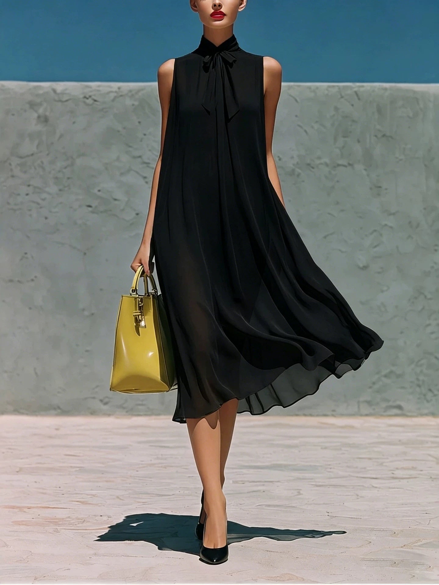 Sleeveless Chiffon Stand-up Collar Tie-up Long Dress