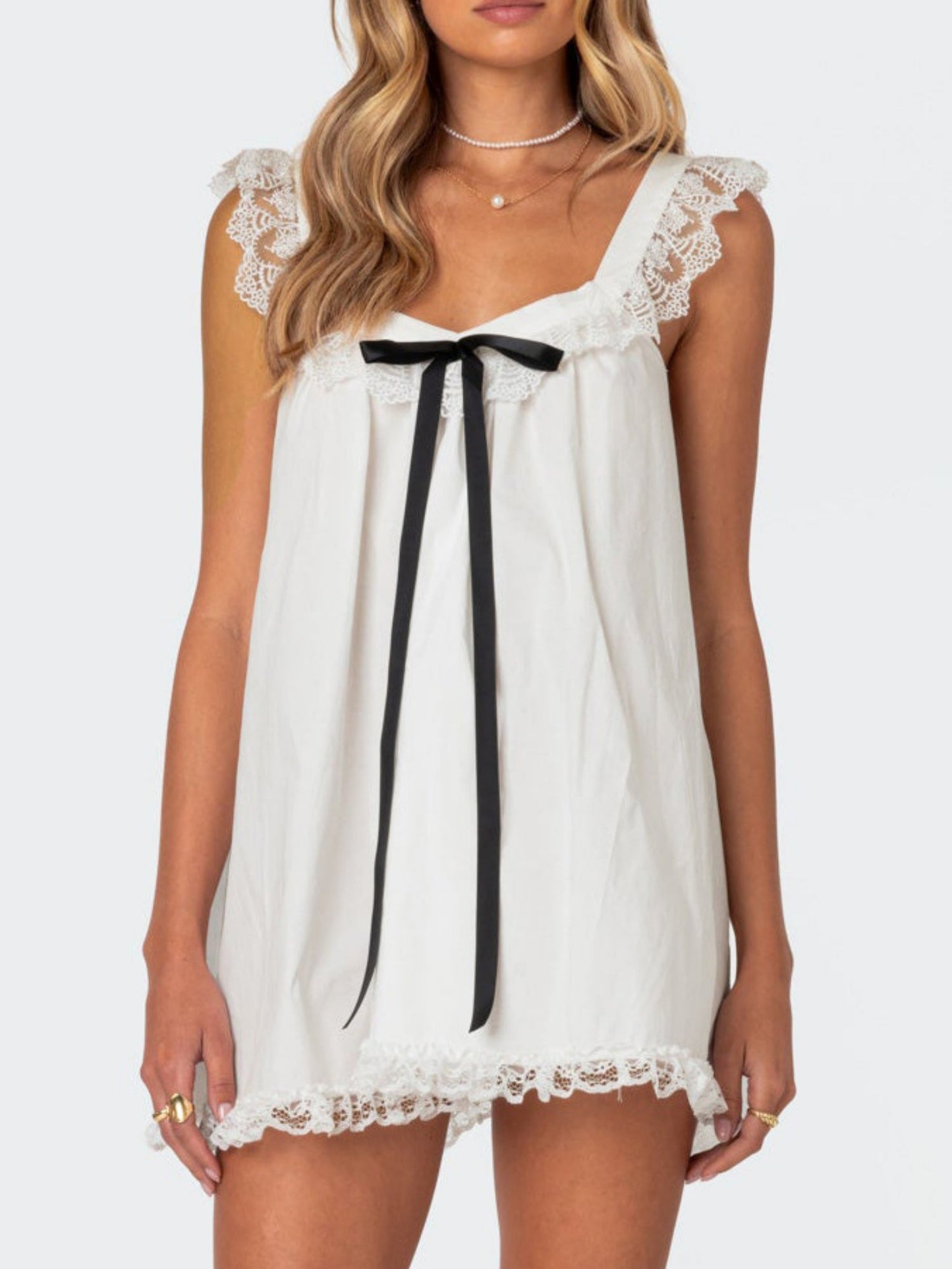Bow Lace Trim Spaghetti Strap Backless Mini&Short Dresses