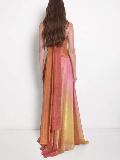 Metallic Plisse Halter Keyhole Ruched Bodice Maxi Gown
